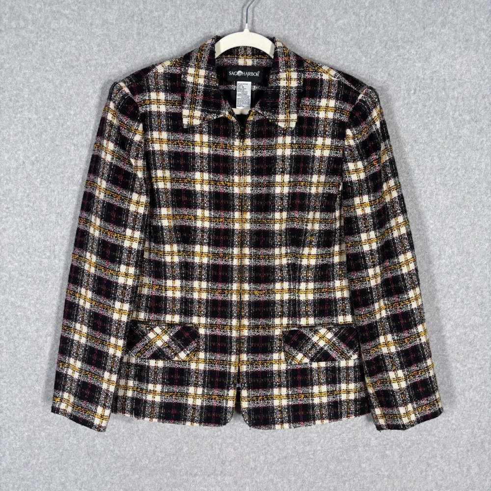 Vintage 90s Tartan Plaid Tweed Blazer Size 10 Red Gold Nubby Old Money Retro